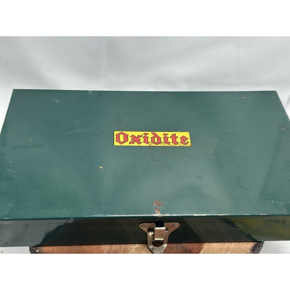 Antique OXIDITE Green Metal Sectioned Old Monopoly Game & Pieces Inside